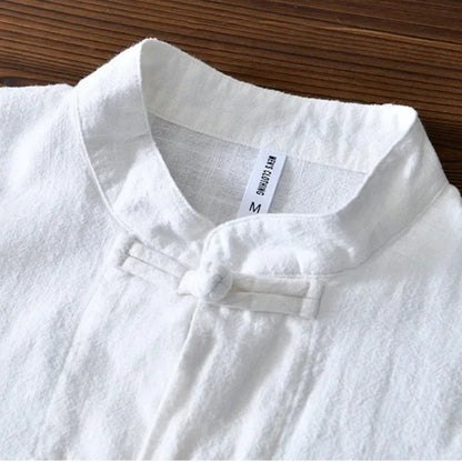 Close view of the mandarin collar and frog button on the white shirt