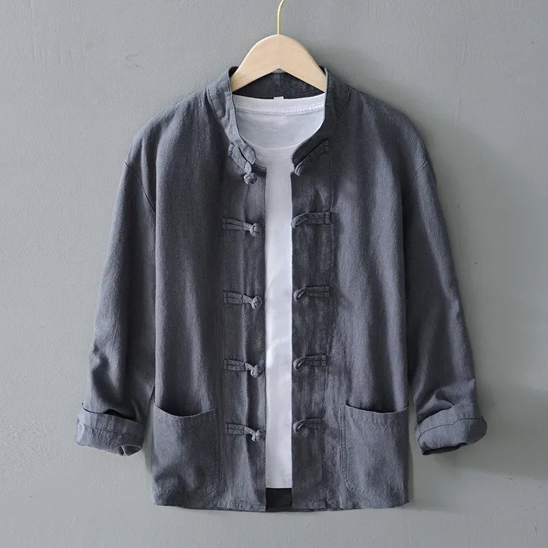 Gray mandarin collar shirt with frog button closure and patch pockets, front view