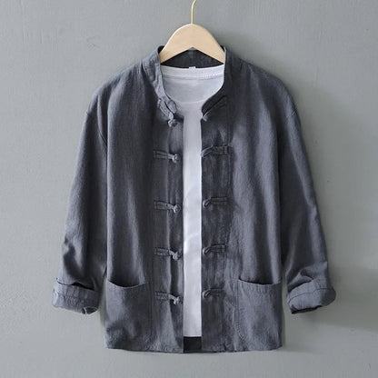 Gray mandarin collar shirt with frog button closure and patch pockets, front view
