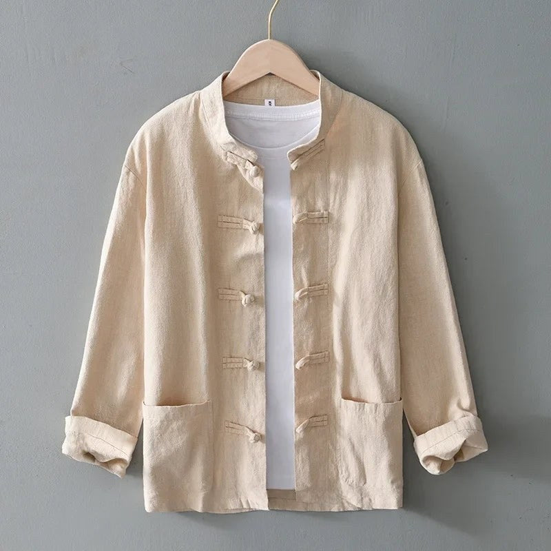 Khaki mandarin collar shirt with frog button closure and patch pockets, front view