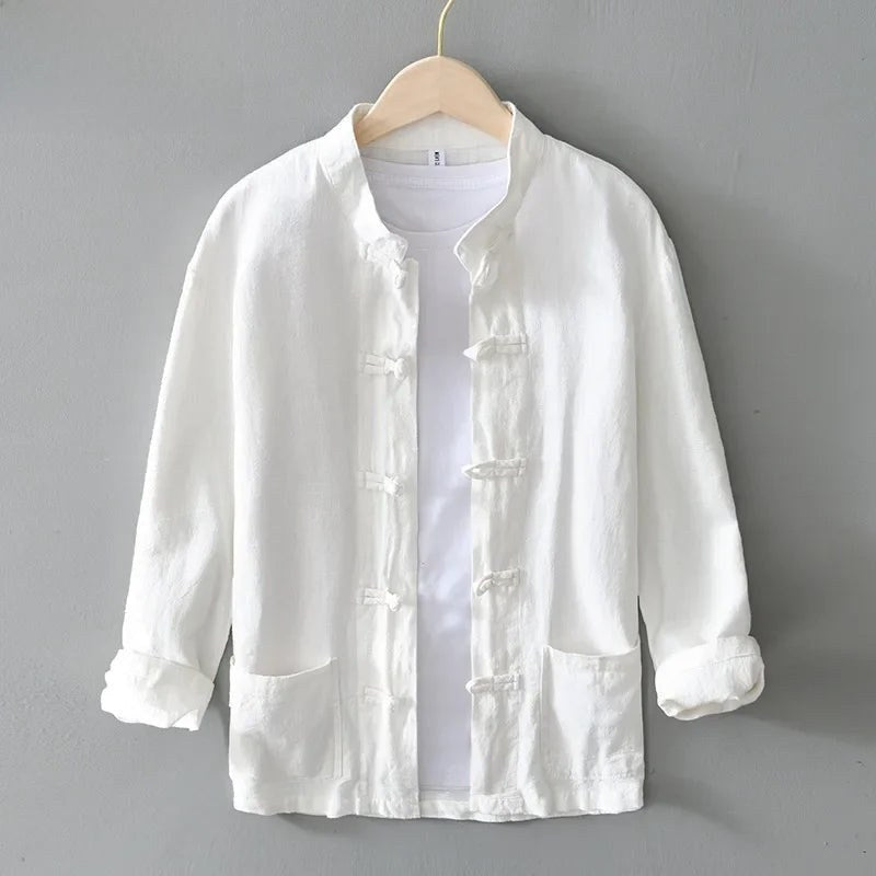 White mandarin collar shirt with frog button closure and patch pockets, front view