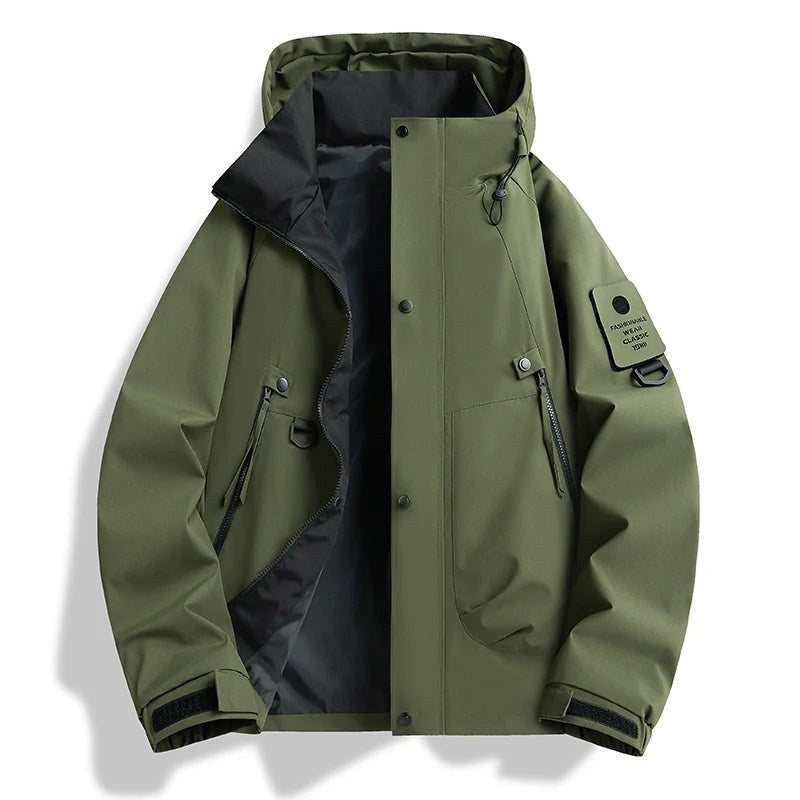 Army green hooded zip jacket with sleeve pocket and cuff tabs, front view