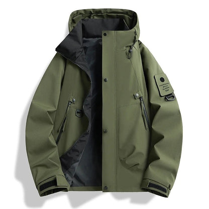 Army green hooded zip jacket with sleeve pocket and cuff tabs, front view