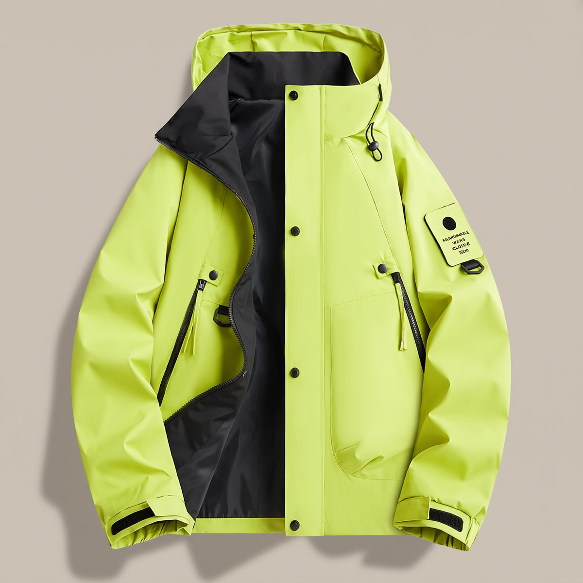 Fluo green hooded zip jacket with sleeve pocket and cuff tabs, front view