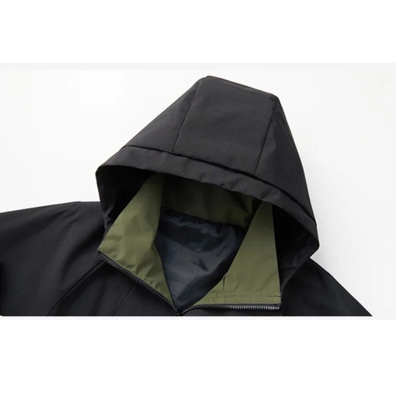 Close view of the hood and inner lining on the black jacket