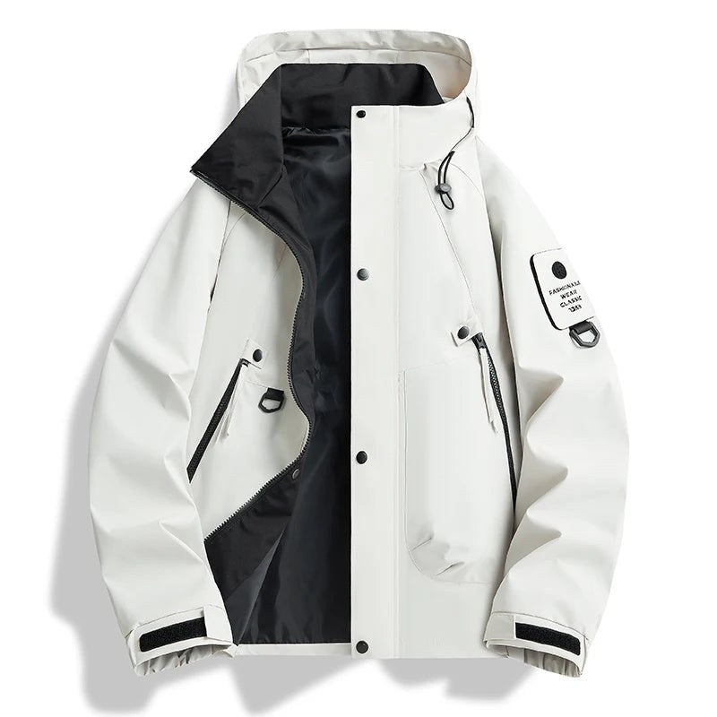White hooded zip jacket with sleeve pocket and cuff tabs, front view