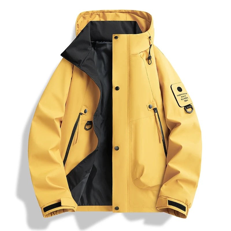 Yellow hooded zip jacket with sleeve pocket and cuff tabs, front view