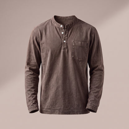 Washed brown long sleeve henley with a three-button placket and a chest pocket, front view