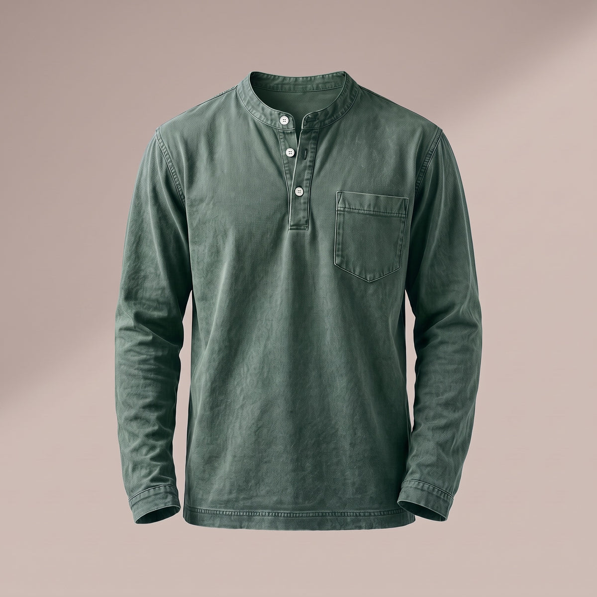 Washed green long sleeve henley with a three-button placket and a chest pocket, front view