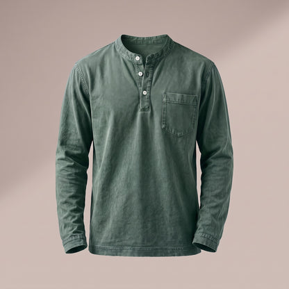 Washed green long sleeve henley with a three-button placket and a chest pocket, front view