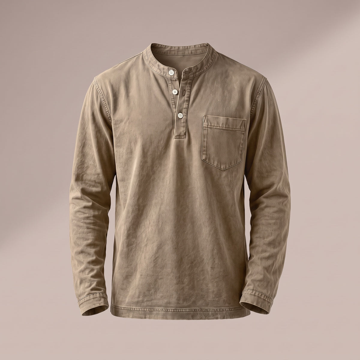 Washed khaki long sleeve henley with a three-button placket and a chest pocket, front view