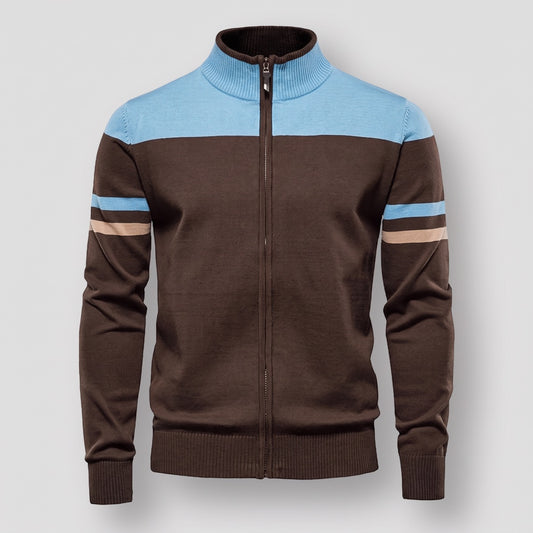 Sky Blue color-block men's zip-up knit cardigan with brown body, front view