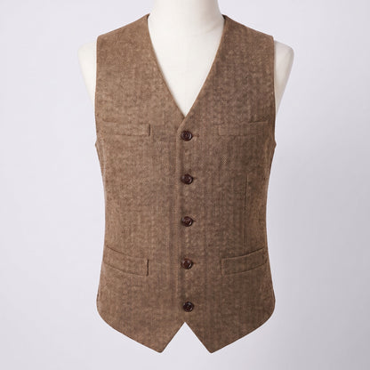 Men's herringbone V-neck waistcoat in brown