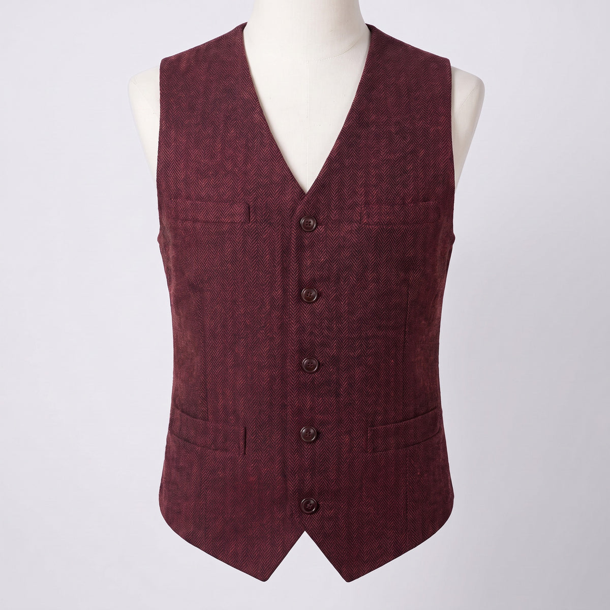 Men's herringbone V-neck waistcoat in burgundy