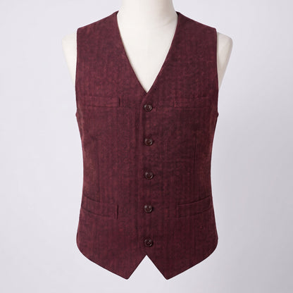 Men's herringbone V-neck waistcoat in burgundy