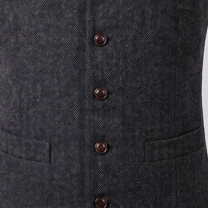 Close view of the button front on a men's herringbone waistcoat