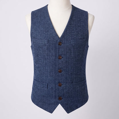 Men's herringbone V-neck waistcoat in navy blue
