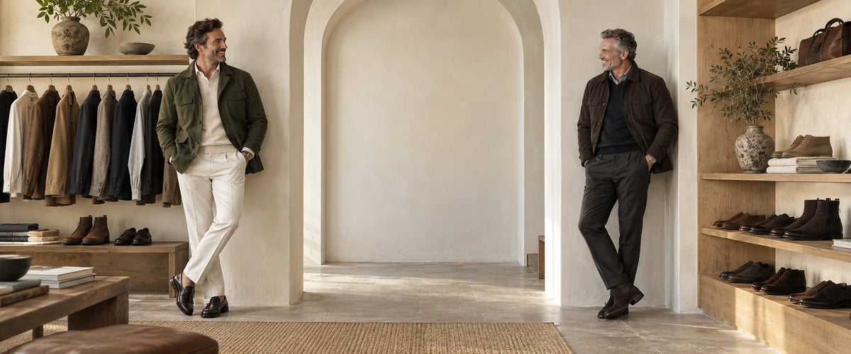 Two men in understated jackets, shoes and boots in a warm off-white menswear atelier