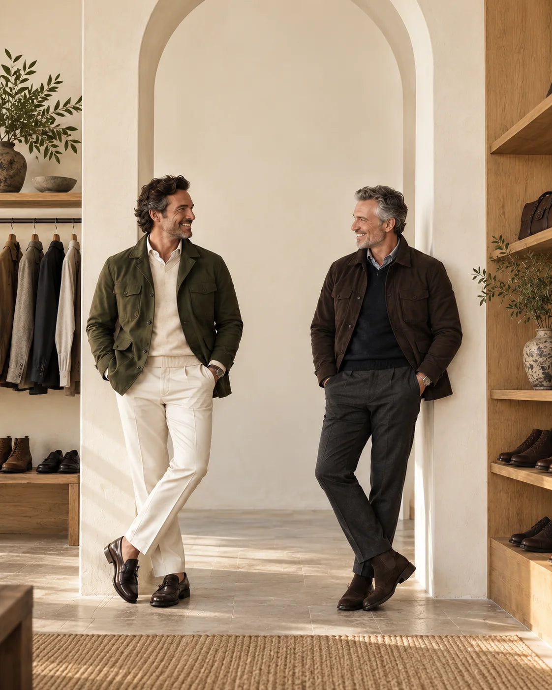 Two men in jackets with shoes and boots in a cream-toned menswear atelier