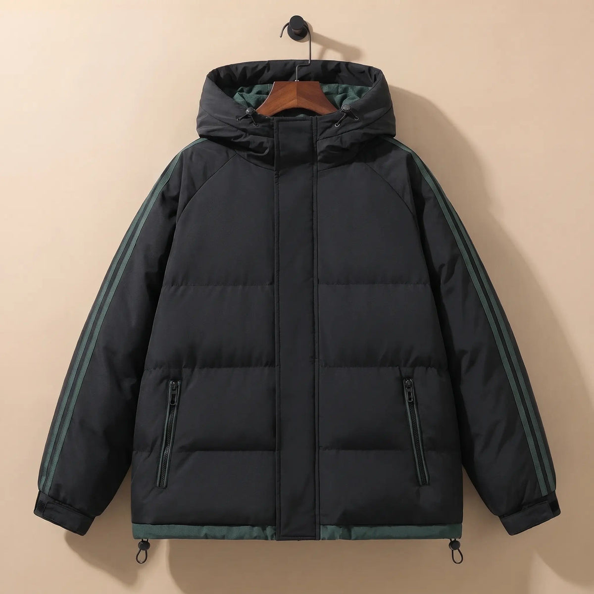 Black men's hooded puffer jacket with striped sleeves on a hanger