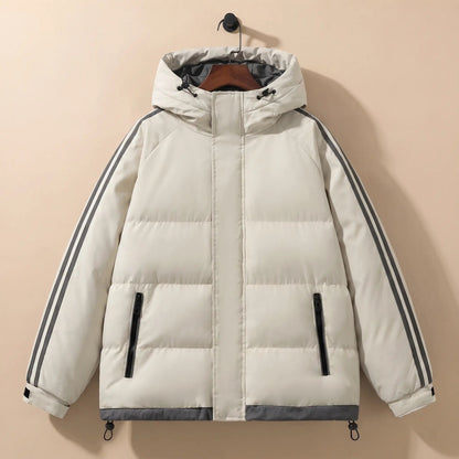 Cream men's hooded puffer jacket with striped sleeves on a hanger