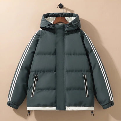 Green men's hooded puffer jacket with striped sleeves on a hanger