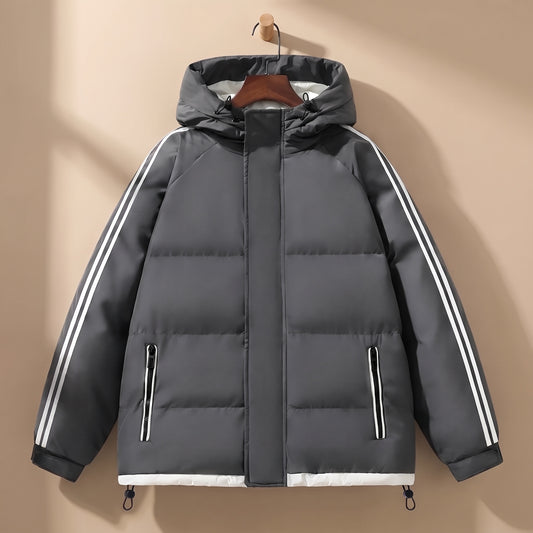 Men's hooded puffer jacket with striped sleeves and zip pockets