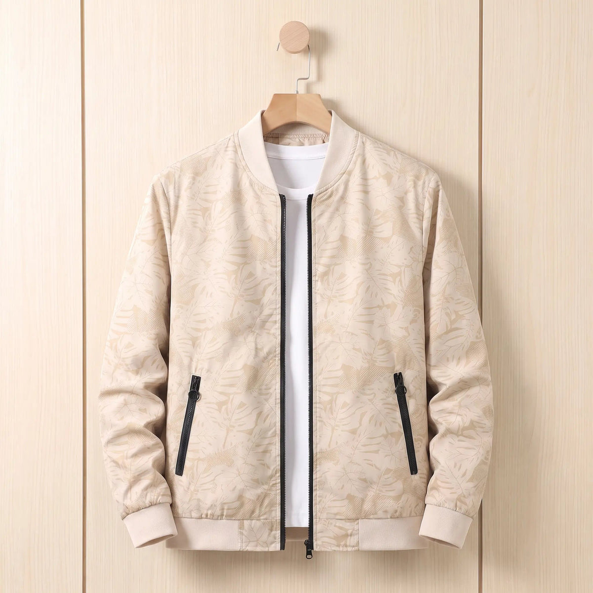 Beige leaf print men's bomber jacket on a hanger
