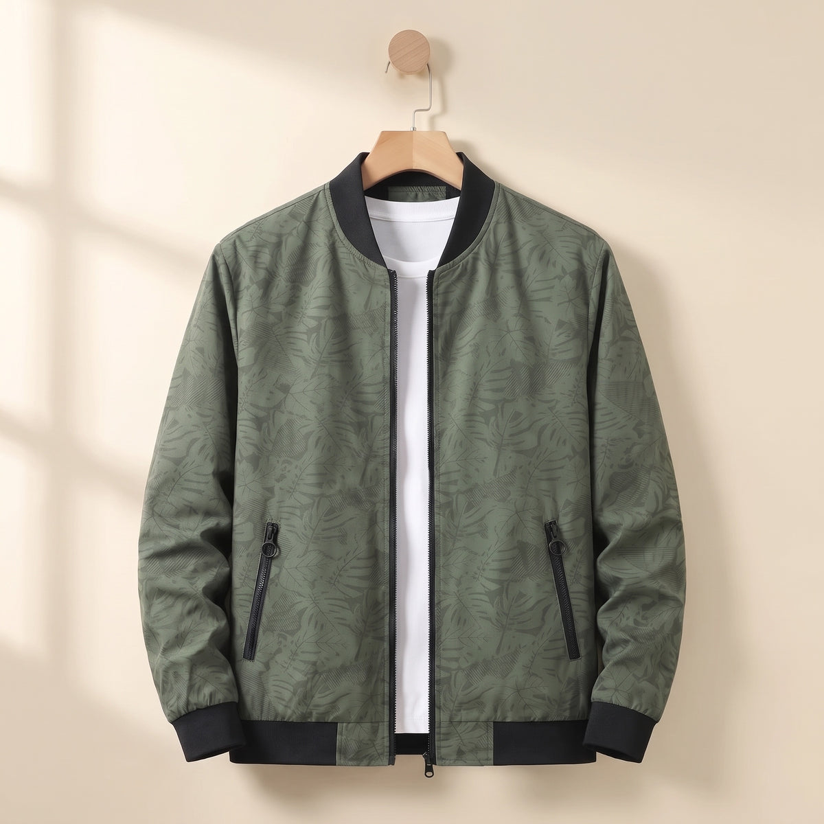 Men's leaf print bomber jacket with ribbed collar, cuffs and hem