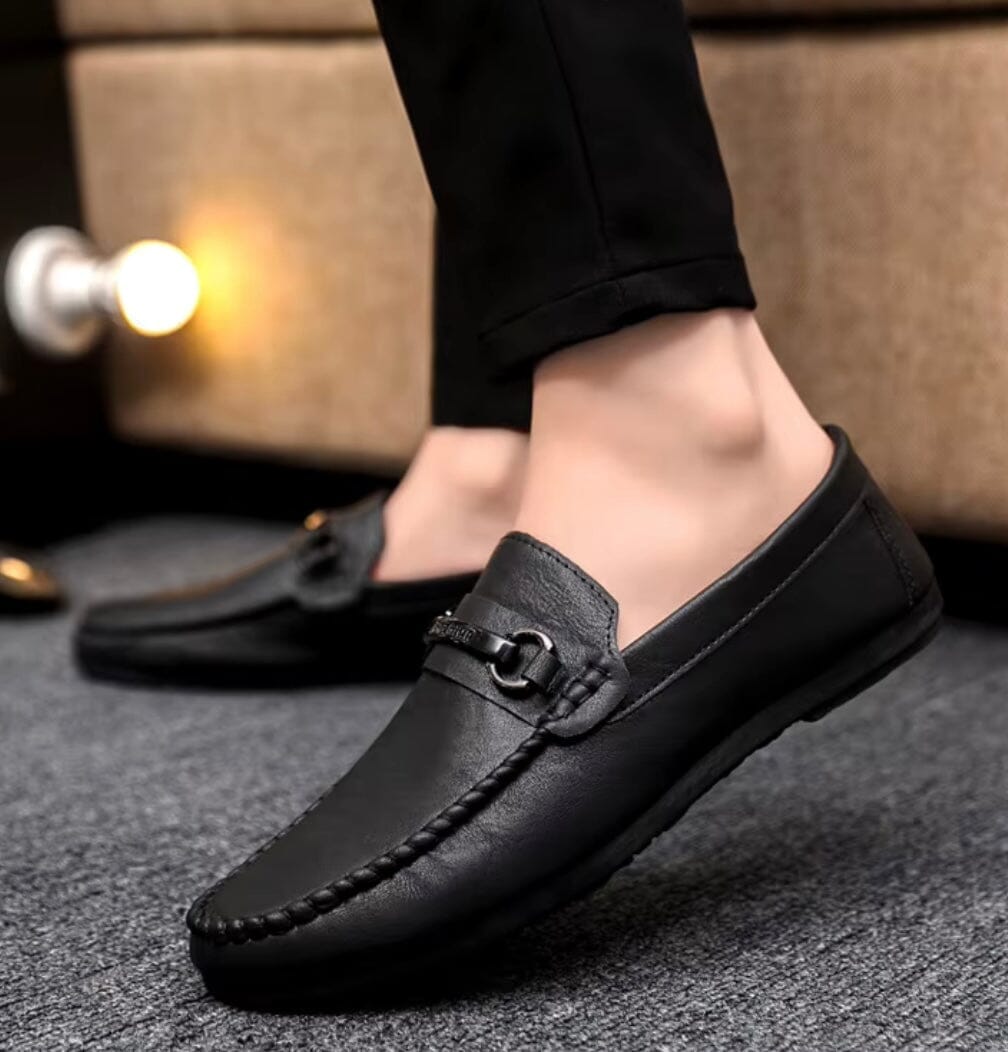 Halsey bar loafers in black, worn with dark trousers