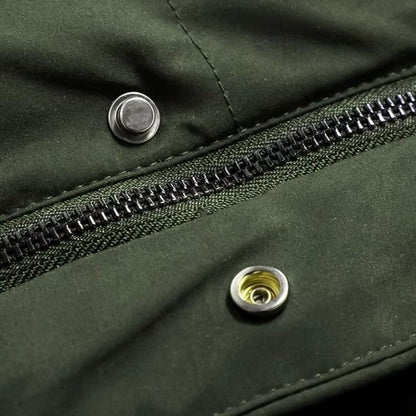 Ridgeway parka front zip and metal snap close-up