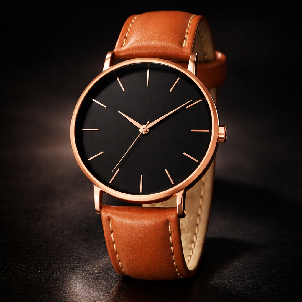 Harper men's minimalist round watch in Black Dial and Brown Band 1