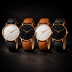 Harper minimalist round watches lined up showing the four dial and band combinations