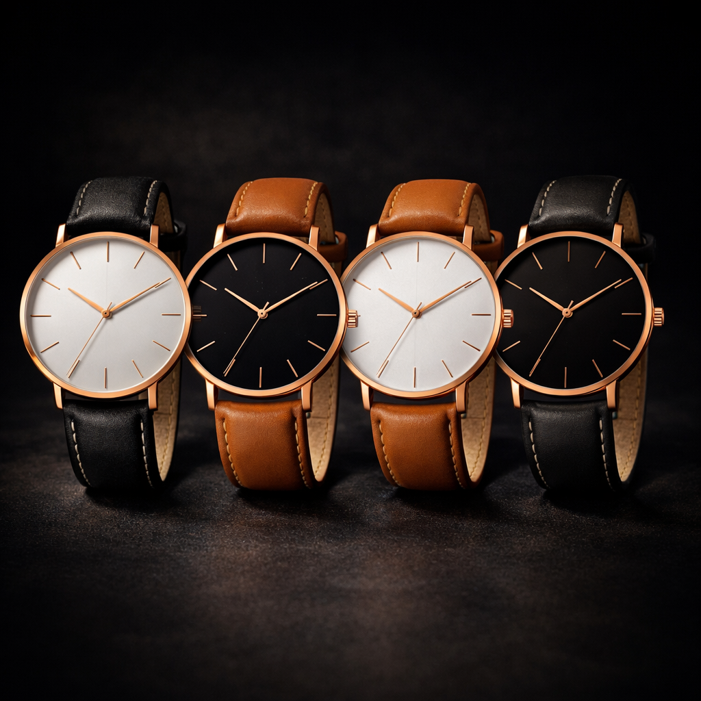 Harper minimalist round watches lined up showing the four dial and band combinations