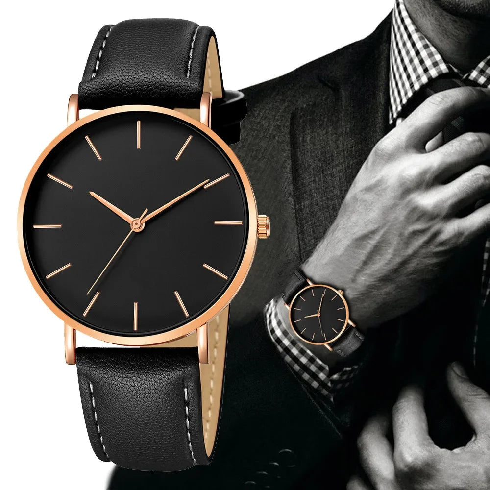 Harper minimalist round watch close view of the black dial and worn on the wrist