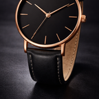 Harper watch rose-gold case edge, lugs and stitched strap close-up