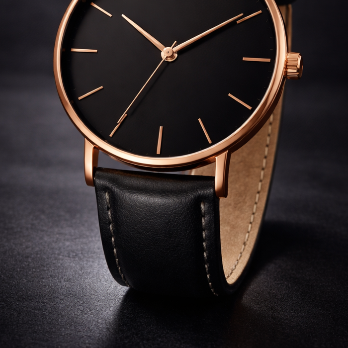 Harper watch rose-gold case edge, lugs and stitched strap close-up