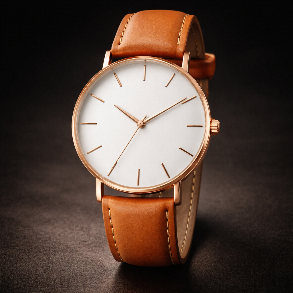 Harper men's minimalist round watch in White Dial and Brown Band 1