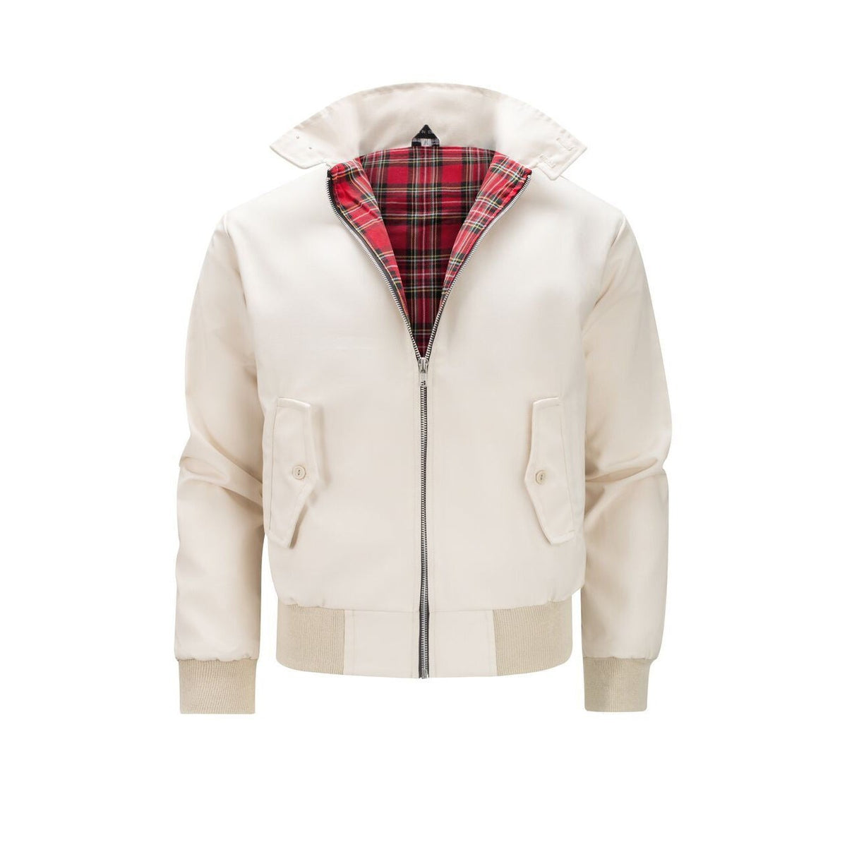 Beige Harrington jacket with tartan lining, front view
