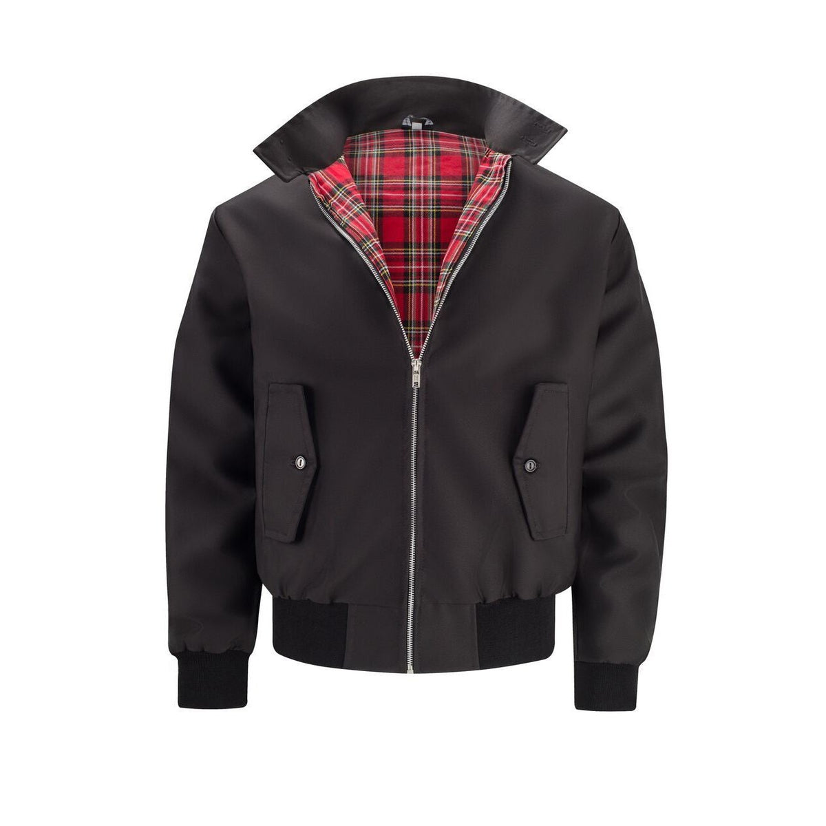 Black Harrington jacket with tartan lining, front view