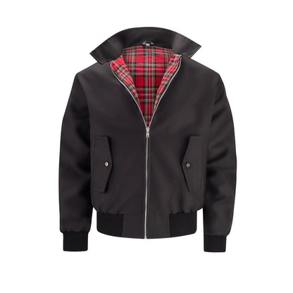 Black Harrington jacket with tartan lining, front view