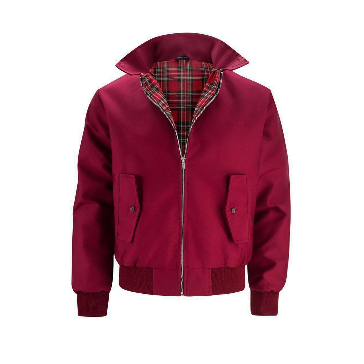 Burgundy Harrington jacket with tartan lining, front view