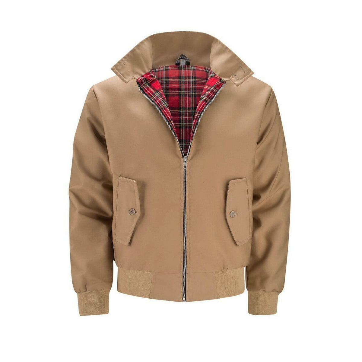 Camel Harrington jacket with tartan lining, front view