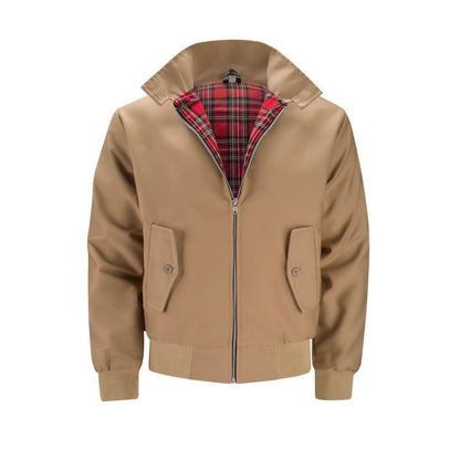 Camel Harrington jacket with tartan lining, front view