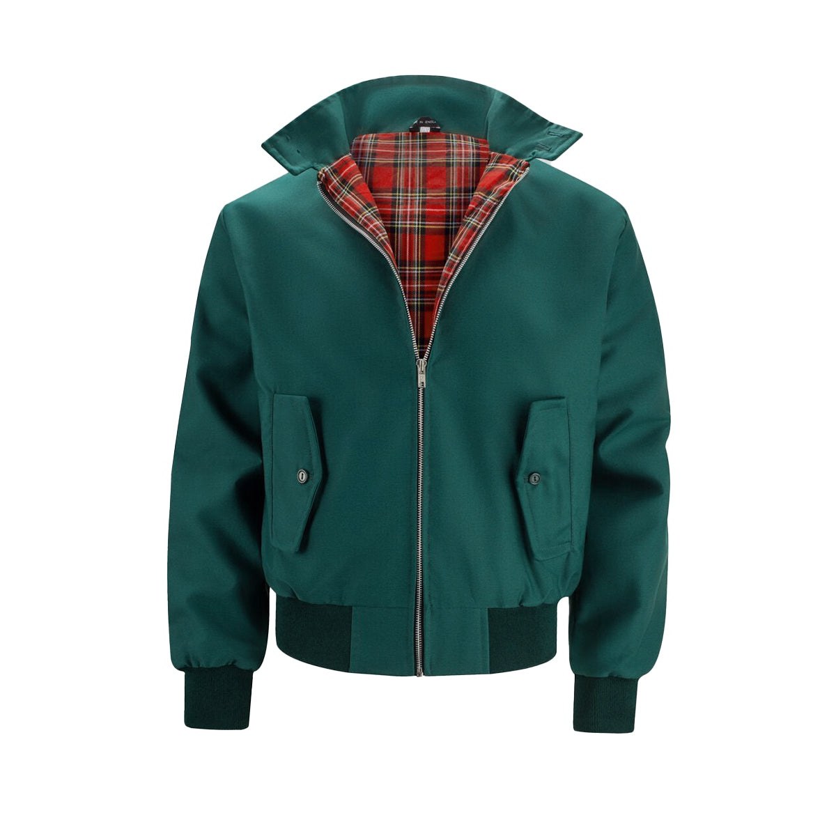 Dark green Harrington jacket with tartan lining, front view