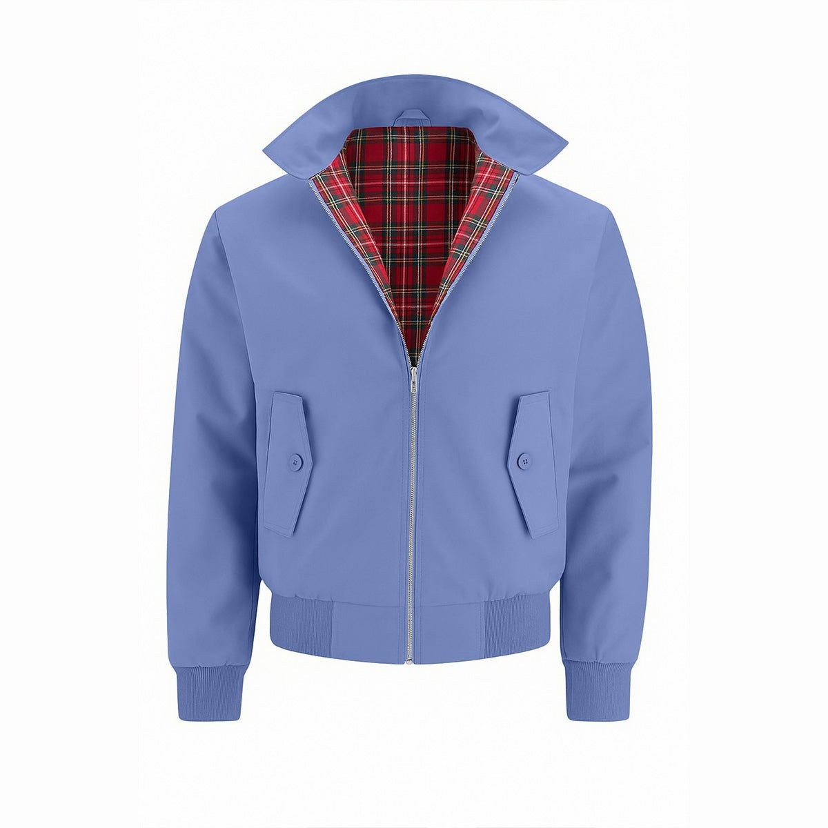 Light blue Harrington jacket with tartan lining, front view