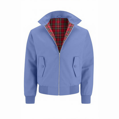 Light blue Harrington jacket with tartan lining, front view