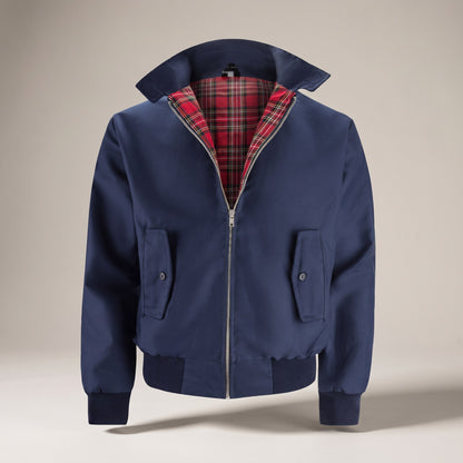 Navy blue Harrington jacket with tartan lining, front view