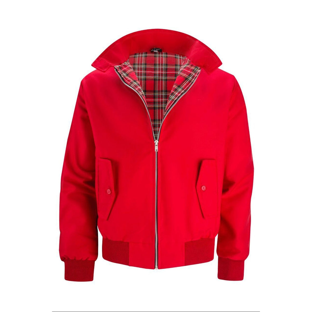 Red Harrington jacket with tartan lining, front view