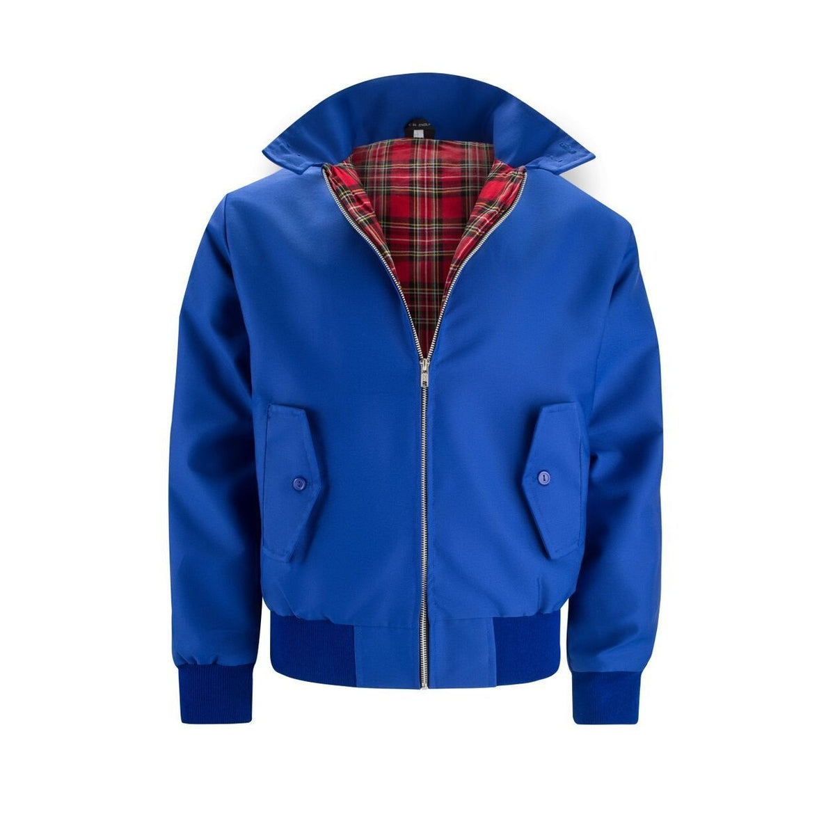 Royal blue Harrington jacket with tartan lining, front view